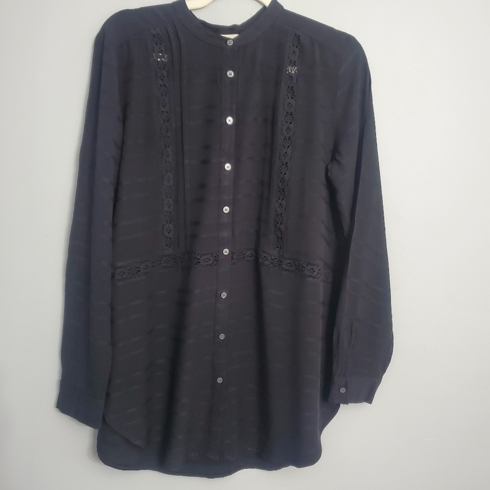 Loft Women's Button-Up Black Rayon Blouse Long Sleeve M Dark Cottagecore Boho
